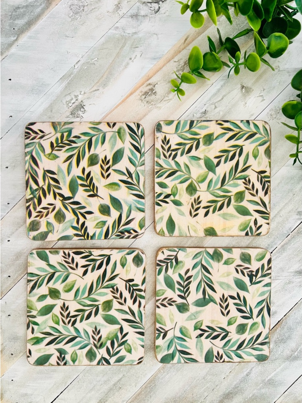 Botanical Leaf Coaster Set - Green Leaf Pattern (Set of 4)